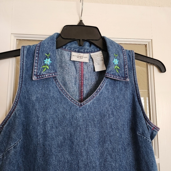 Vintage Studio Ease Petite Denim Dress Floral Embroidered 10P Cottagecore Y2K - Picture 4 of 16